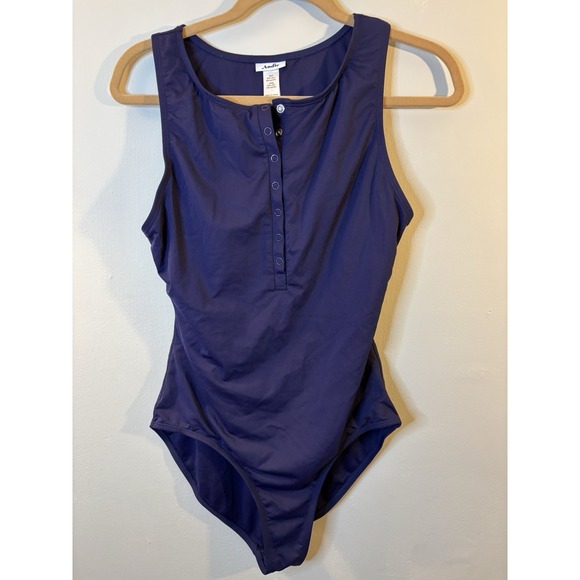 Andie Other - ANDIE Malibu Navy Blue Snap Up One Piece Swimsuit Bathing L Tall Modest